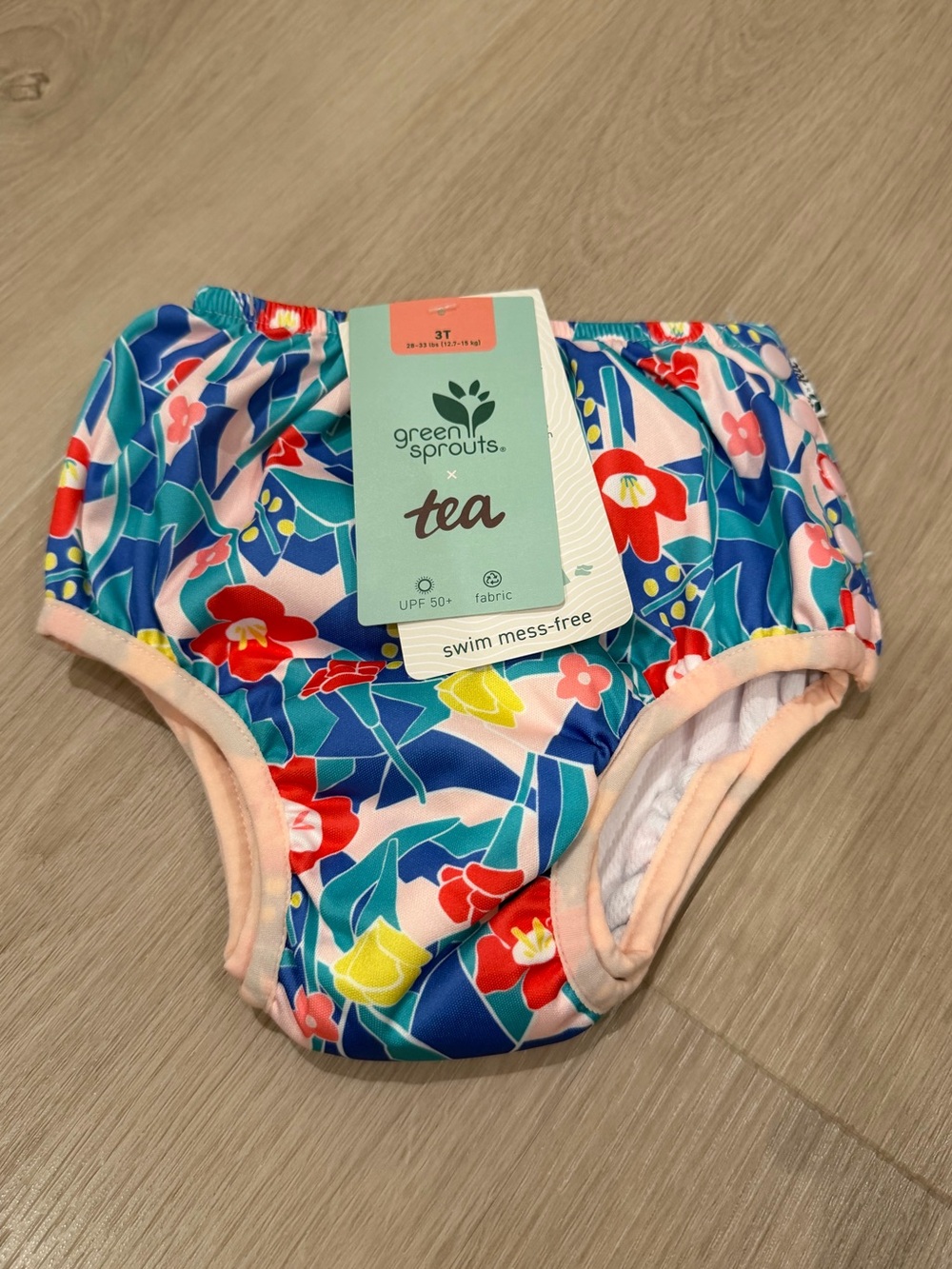 New 3T Reusable Swim Diaper Green Sprouts Tea Collection Floral Gussets Snug Fit